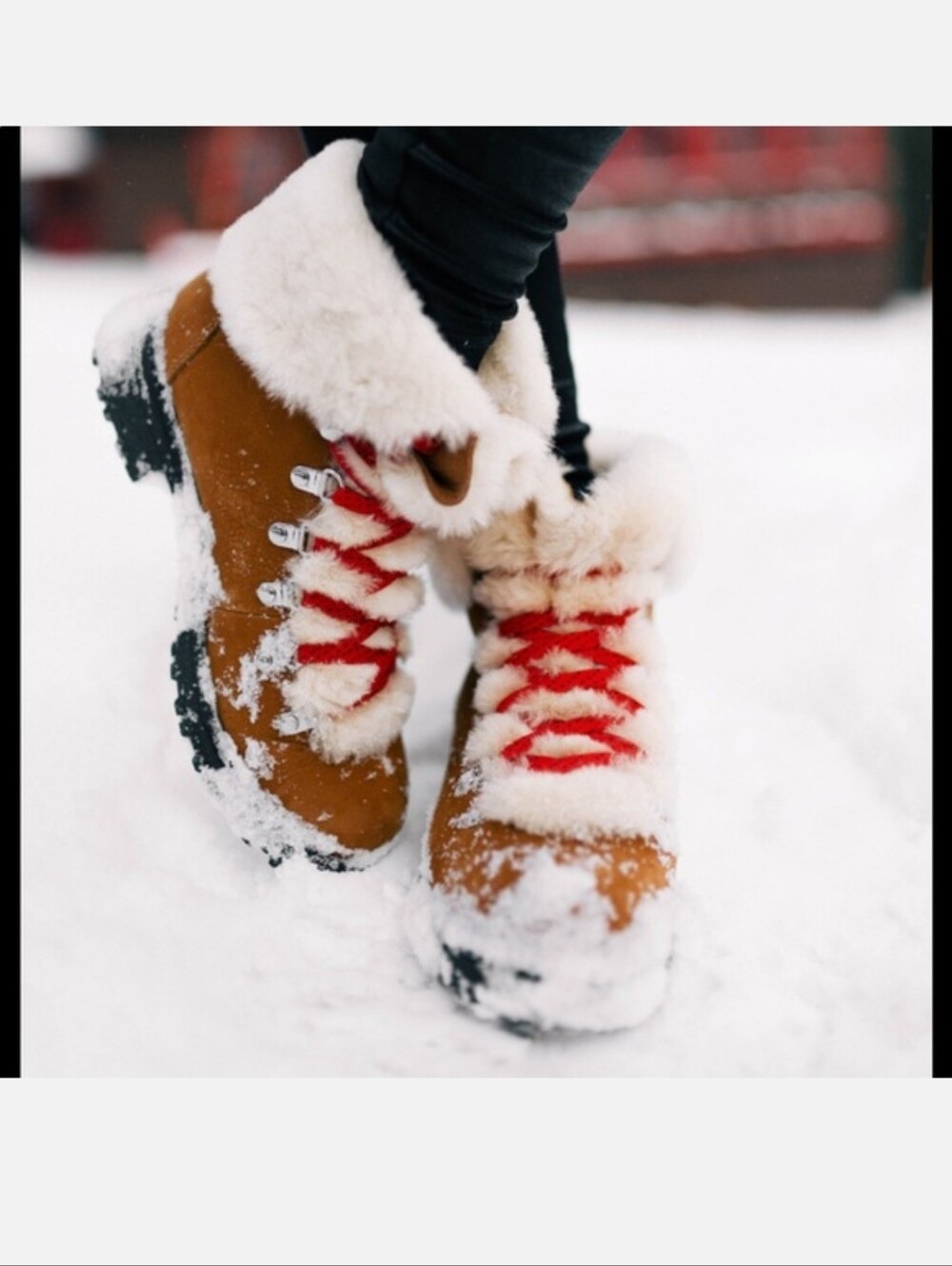 J Crew Winter Faux Fur Lined Booties with Red Laces - Brown